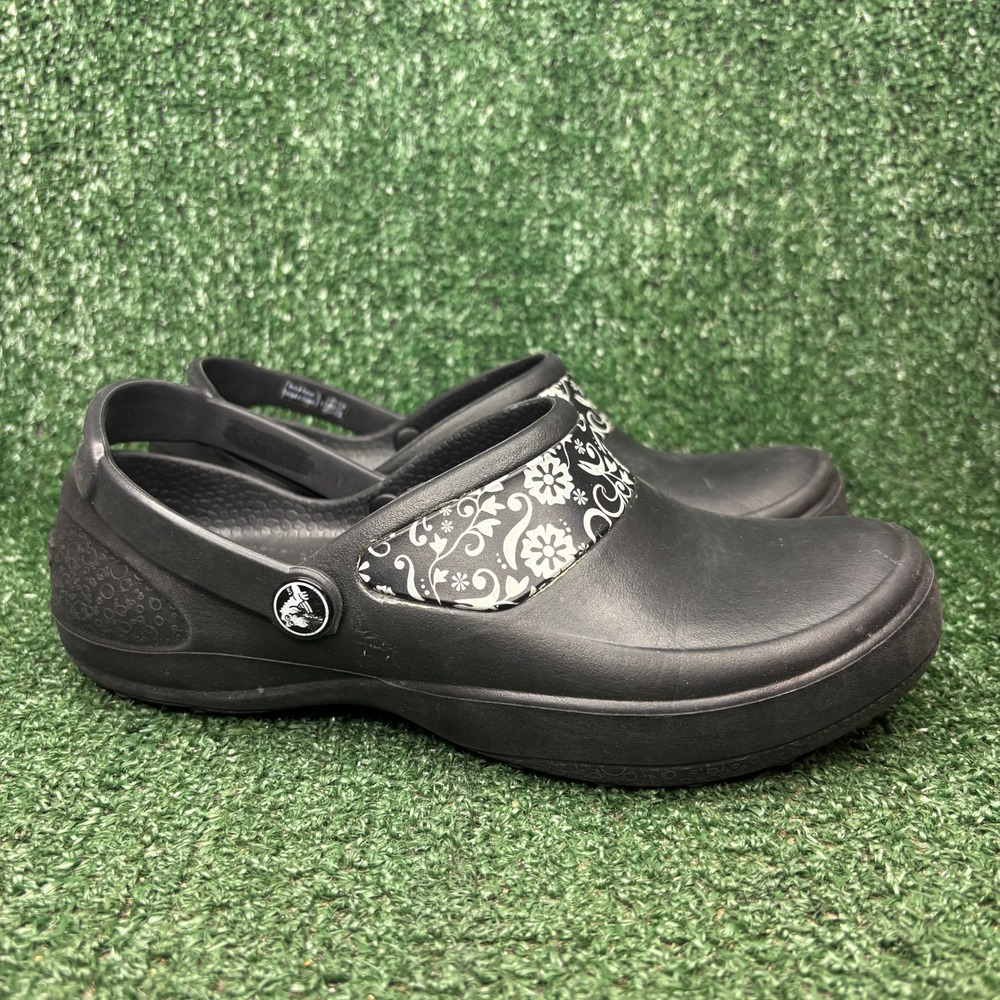 Crocs Mercy Work Slip Resistant Floral Clog Professional Nursing Black Womens 6